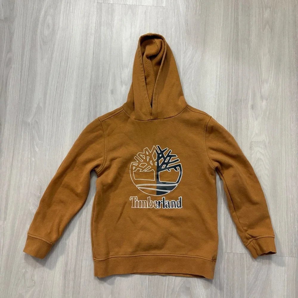Timberland Hooded Sweatshirt Kids Brown Logo Pullover Boys Girls Size 10